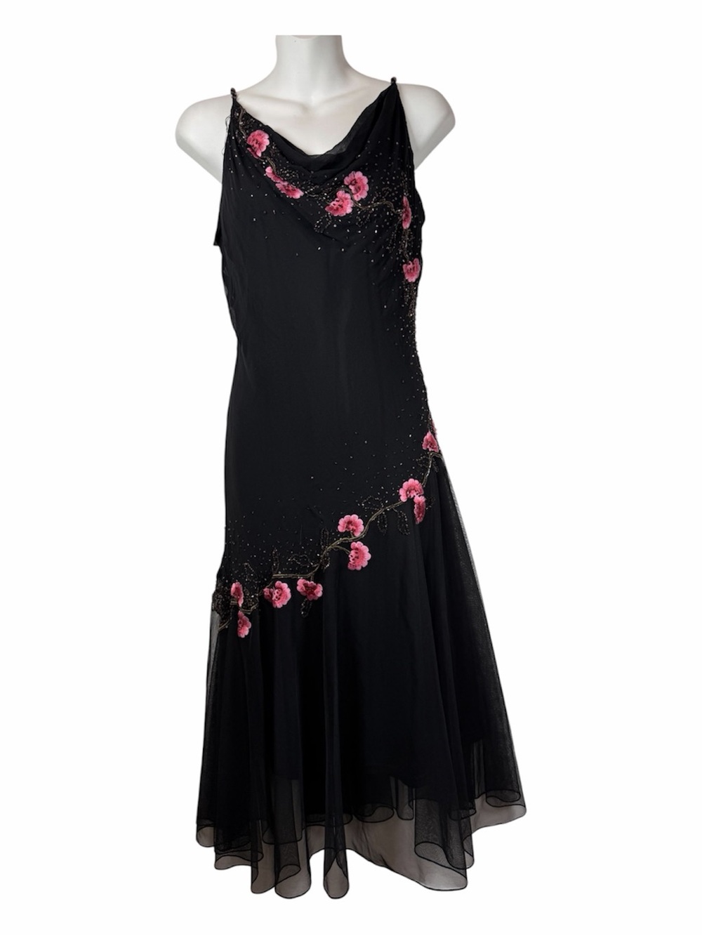 Vintage Xscape Silk Beaded Floral Cowl Neck Slip Dress Black 14 Whimsygoth 90s